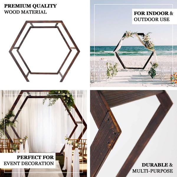Tableclothsfactory 7FT Rustic Elegant Hexagonal Wooden Backdrop Stand | Heavy Duty Dark Brown Double Sided Wedding Arch Stand Tableclothsfactory