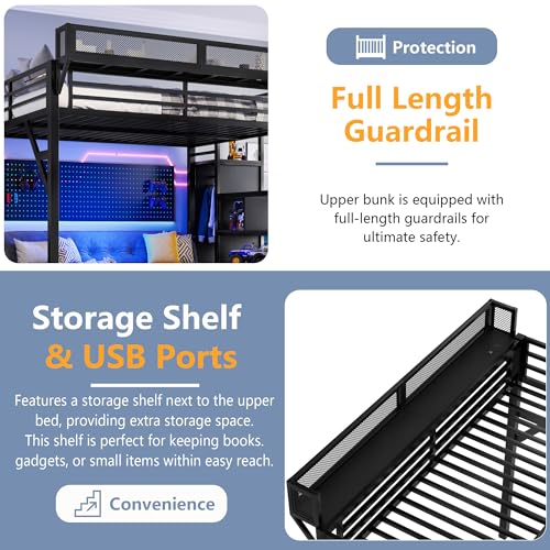 Harper & Bright Designs Queen Size Loft Bed with Stairs, Storage Shelves and Built-in Wardrobe, Metal Loft Bed Frame with USB Ports and LED Lights (Black Queen) Harper & Bright Designs