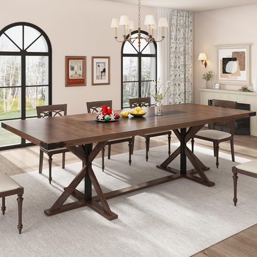 Hlivelood 94" Large Dining Table for 10 People, Rectangular Kitchen Farmhouse Table W/Thickness Waterproof Wood Tabletop,Long Dining Room Tables W/Wood Strip Base for Kitchen Living Room(238CM Brown) Hlivelood