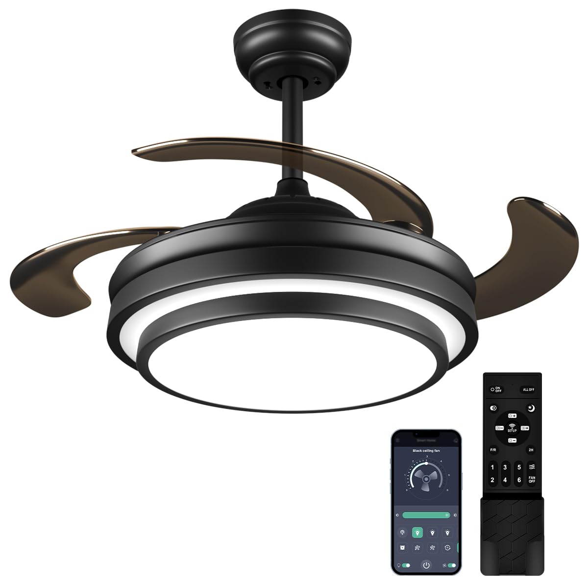 LIGHTIMES Modern 36 x 20 inches Black Reversible Ceiling Fan with Dimmable LED Light, 6 Speed, Remote Control, for Bedroom Live Room LIGHTIMES