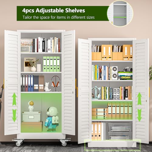 Tokawa 71’’H Metal Garage Storage Cabinet with Wheels, Metal Storage Cabinet with Louvered Doors, Rolling Tool Cabinet with Adjustable Shelves, Large Utility Cabinet for Office,Garage,Kitchen(White) Tokawa