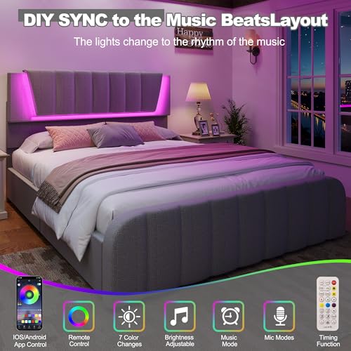Decofy Queen Size LED Platform Bed Frame with Soft-Glow Mood Lighting & Adjustable Upholstered Headboard, Modern Linen Bed with Storage Drawers, Heavy Duty Metal Support, No Box Spring Needed, Grey Decofy