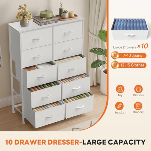 Sweetcrispy 10 Drawer Fabric Dresser Storage Tower with Bins, Tall Chest Organizer for Bedroom Closet Hallway, Steel Frame Wood Top Easy Pull Handles,White Sweetcrispy