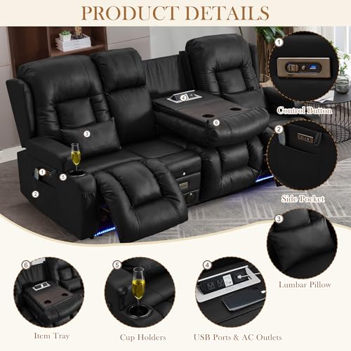 TUNYI Power Loveseat Recliner Sofa with Massage & Heat Home Theater Seating with Console RV Recliner Loveseat Sofa with USB/Storage/Side Pocket/LED Light/Speaker (Black, 3 Seat with Console)