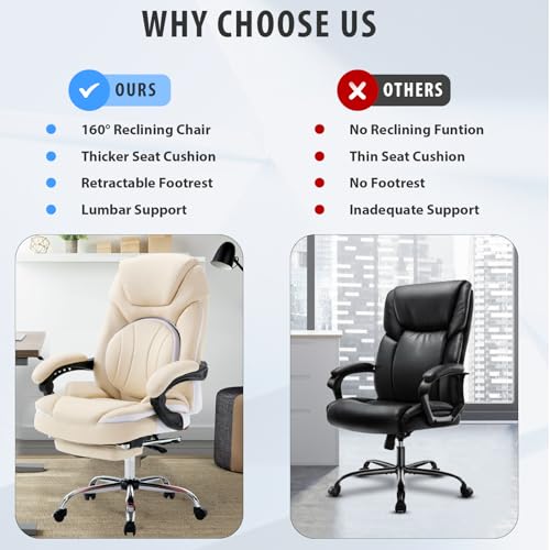 linting Ergonomic Reclining Office Chair with Footrest for Heavy People 400lbs Big Tall Comfortable Wide Recliner Home Office Desk Chair with Foot Leg Rest, Beige linting