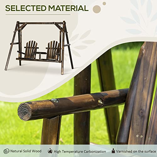 Outsunny Wooden Porch Swing with Stand, 2-Seat Patio Swing Chair with Center Table, for Garden, Poolside, Backyard Outsunny