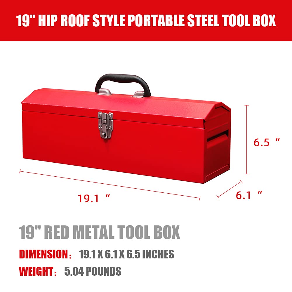 HPDMC Red Hip Roof Style Portable Steel Tool Box with Metal Latch Closure and Removable Storage Tray, 19.1" L x 6.1" W x 6.5" H HPDMC