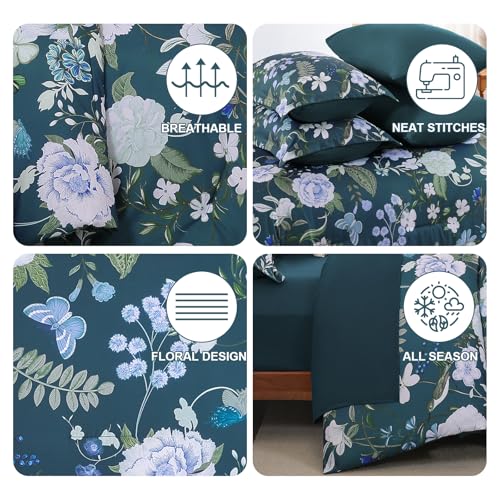 Anibedding 7Pieces Floral King Size Comforter Set, Garden Plant Flower Style Bed in a Bag Blue Bedding Comforter Set with Pillow Case for Bedroom Anibedding