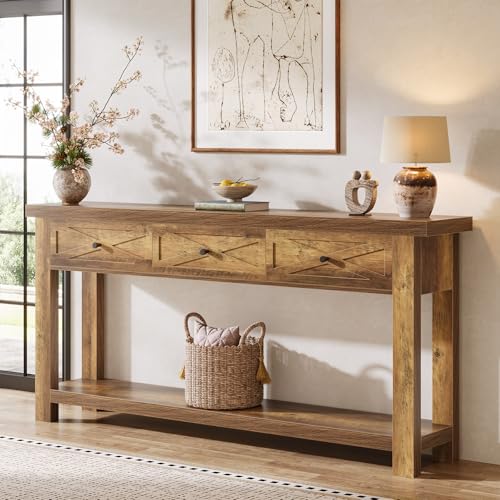 Tribesigns 70.9” Console Table with 3 Drawers, Extra Long Entryway Table for Hallway, Living Room, Narrow Sofa Table Behind Couch with Storage Shelf, Rustic Brown Wood Foyer Furniture Tribesigns