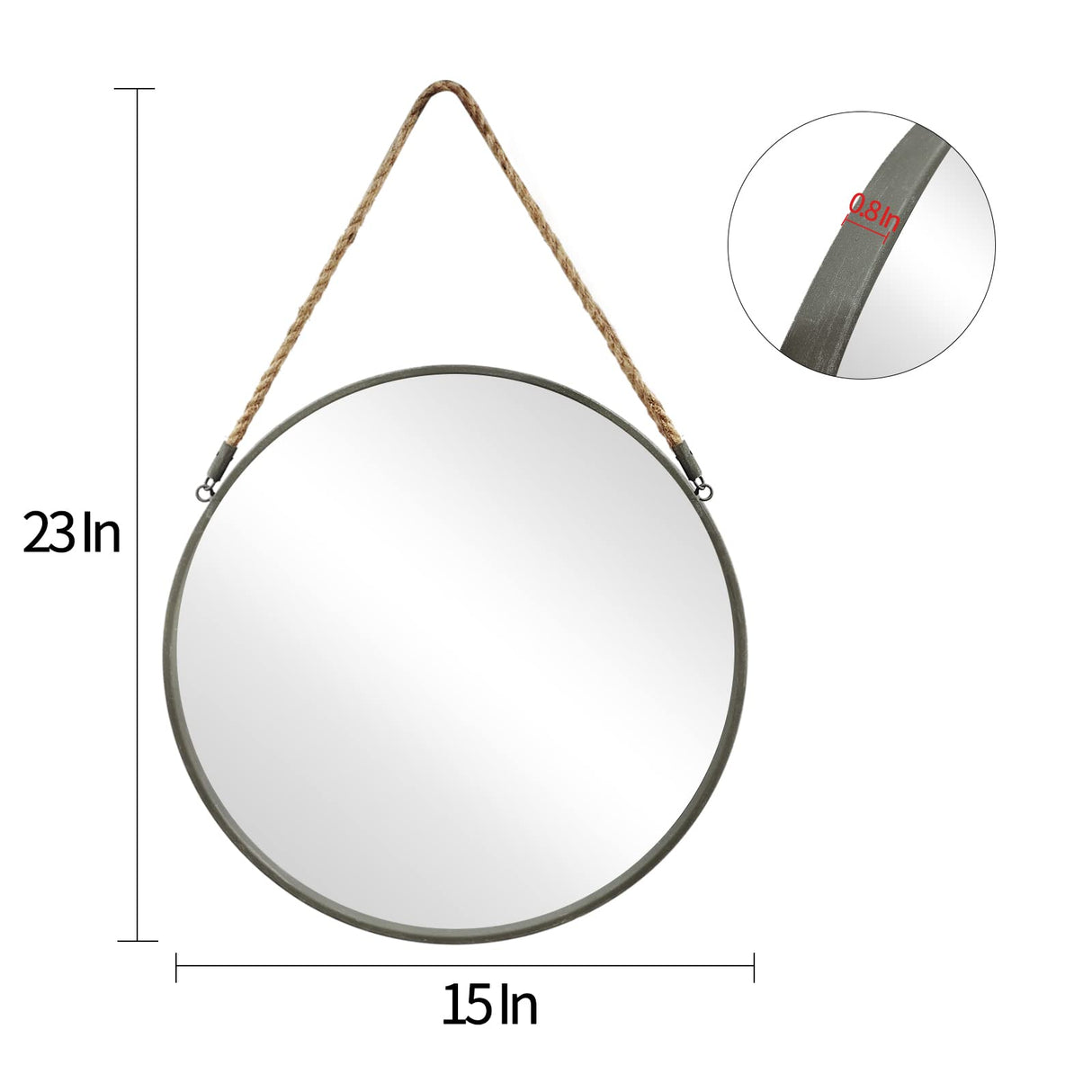 POZINO Round Mirror, Rope Hanging Mirror, 15 Inch Farmhouse Circle Wall Mirror for Bathroom Bedroom Living Room Entryway Home Decor, Grey POZINO