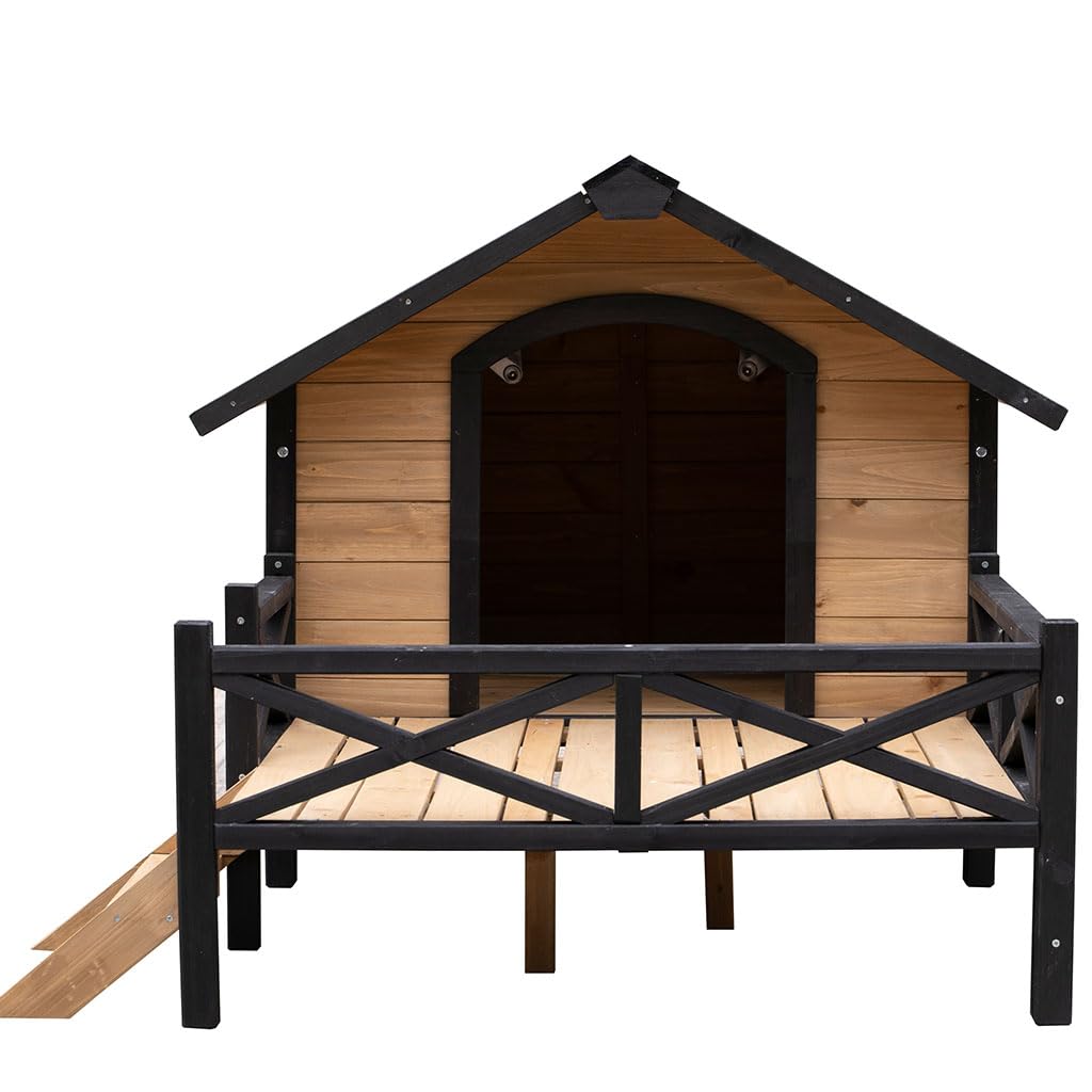 SEOCCTV Wooden Dog Kennel, Weatherproof Dog Houses Outside with Porch and Side Windows Cabin House Style Pet Kennel Wood Dog Crate for Medium Large Pets(43.6" L x 66.9" W x 32.7") SEOCCTV