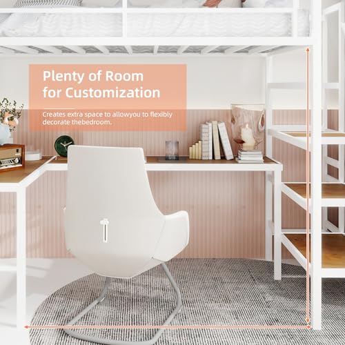 Bellemave Twin Size loft Bed with L Desk, Storage Stairs, Metal Twin Loft Bed Frame for Adults, Kids, Teens, White Bellemave