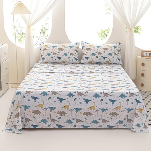 Vinogusto Twin Size Bed Sheets for Boys Kids - 3-Piece Jurassic Dinosaur Bedding Set, Breathable Light Grey Dino 3D Fitted Sheets with 14" Deep Pocket, Ultra-Soft Lightweight Bedroom Essentials Vinogusto