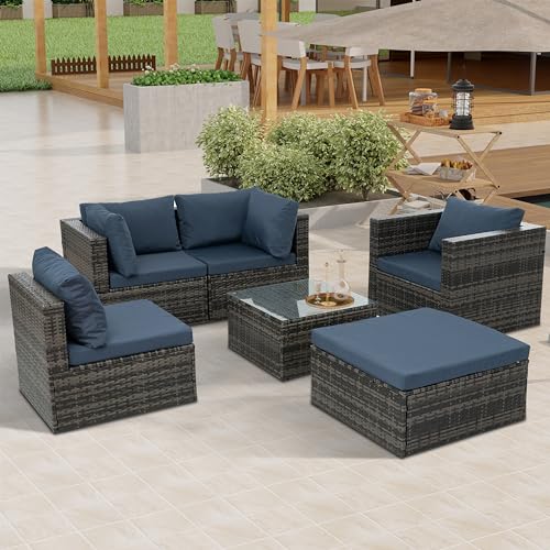 EMKK Patio Furniture Sets, 6 Piece Outdoor Wicker Rattan Sectional Sofa with Tempered Glass Coffee Table, Couch, Loveseat, Chairs with Cushions Conversation Garden, 1-Dark Gray EMKK