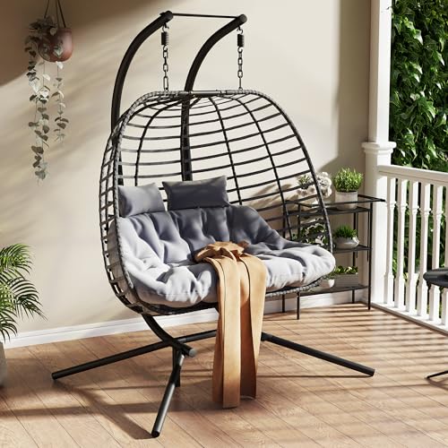 Double Hanging Egg Chair wth Stand, Patio Hammock Swing Chair with Cushion Loveseat for Bedroom, Balcony, Garden, Indoor, Outdoor HWB