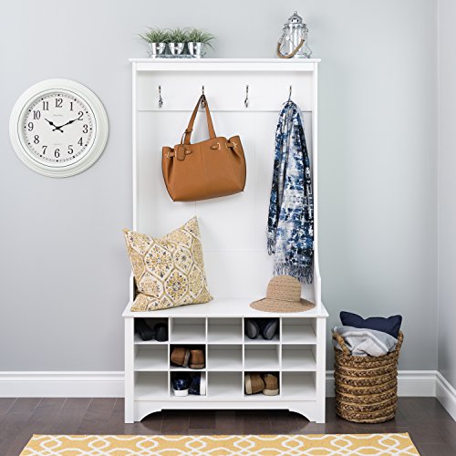 Prepac Entryway Organizer with 4 Coat Hooks, Coat Rack Hall Tree with Bench and Coat Storage, Furniture for Entryway with 15 Cubbies for Shoe Storage, 38” W x 68” H x 15.5” D, White Prepac