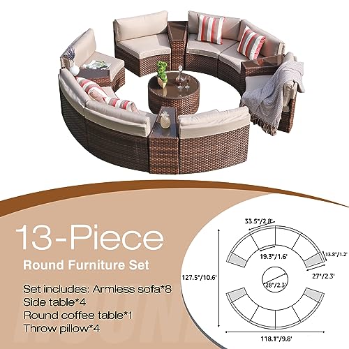 SUNSITT Outdoor Patio Furniture Set 13-Piece Round Sectional Sofa Curved Wicker Sofa with 4 Side Table and Pillows, Brown Rattan & Beige Cushion SUNSITT