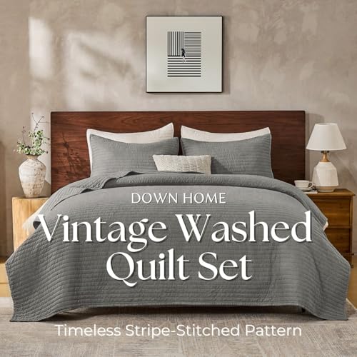 DOWN HOME Twin Quilt Bedding Set with Sham, Vintage Washed Soft Quilted Blanket Thin Comforter Lightweight Bedspread Coverlet Bed Cover, Brushed Microfiber Stripe Stitching, Ash Gray, 66"x92" DOWN HOME