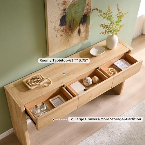 OKD 63'' Console Table with 3 Drawers, Farmhouse Entryway Table with Rounded Corners, Console Table Behind Couch for Living Room/Hallway-Natural Oak OKD