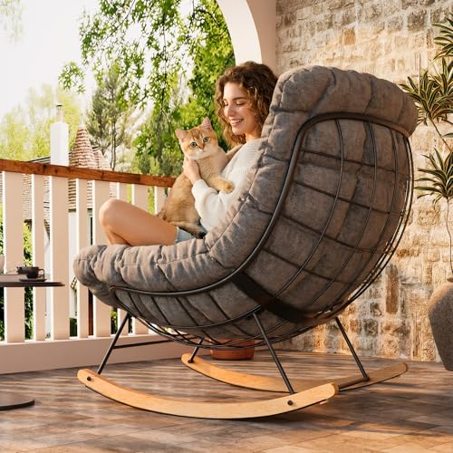 FLEXISPOT Oversized Outdoor Rocking Chair with Thick Cushioned Seat & Bonus Pillow, Modern Patio Papasan Rocker Lounge Chair with Metal Frame Wood Base Accent Chair for Porch Balcony Living Room Grey