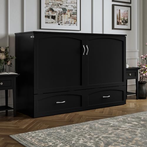 AFI, Marion Queen Wood Murphy Bed Chest with 6" Mattress, Storage Drawer, & Built-in Charger, Black AFI