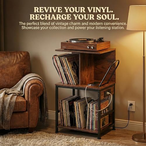 ZEXVIDA Record Player Stand with Vinyl Storage, Large Record Table Holds 180 Albums, Vinyl Record Storage Stand with USB Charger, Multi-Functional Side Table & Shelf for Living Room Bedroom ZEXVIDA