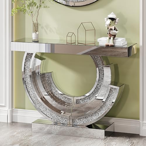 42.9"W x 31.5"H Mirrored Entryway Console Table with C-Shaped, Silver Crushed Diamond Hallway Table, Modern Handcraft Glass Couch Table Behind Sofa, Foyer Table for Living Room, Entrance and Corridor Neftis