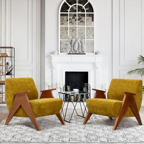 Home Accent Chair Mid Century Modern Accent Chair with Wood Frame, Lounge Upholstered Armchair, Reading Chair, Sturdy Base,For Living Room, Bedroom,Office,Comfy Guest Waiting Room Chairs,Yellow TXIWVER