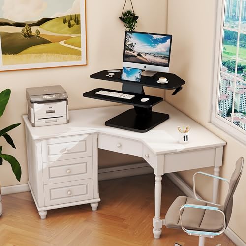Lubvlook 32 inch Corner Standing Desk Converter, Height Adjustable Sit Stand Desk Riser with Keyboard Tray, Black, GSD76 Lubvlook
