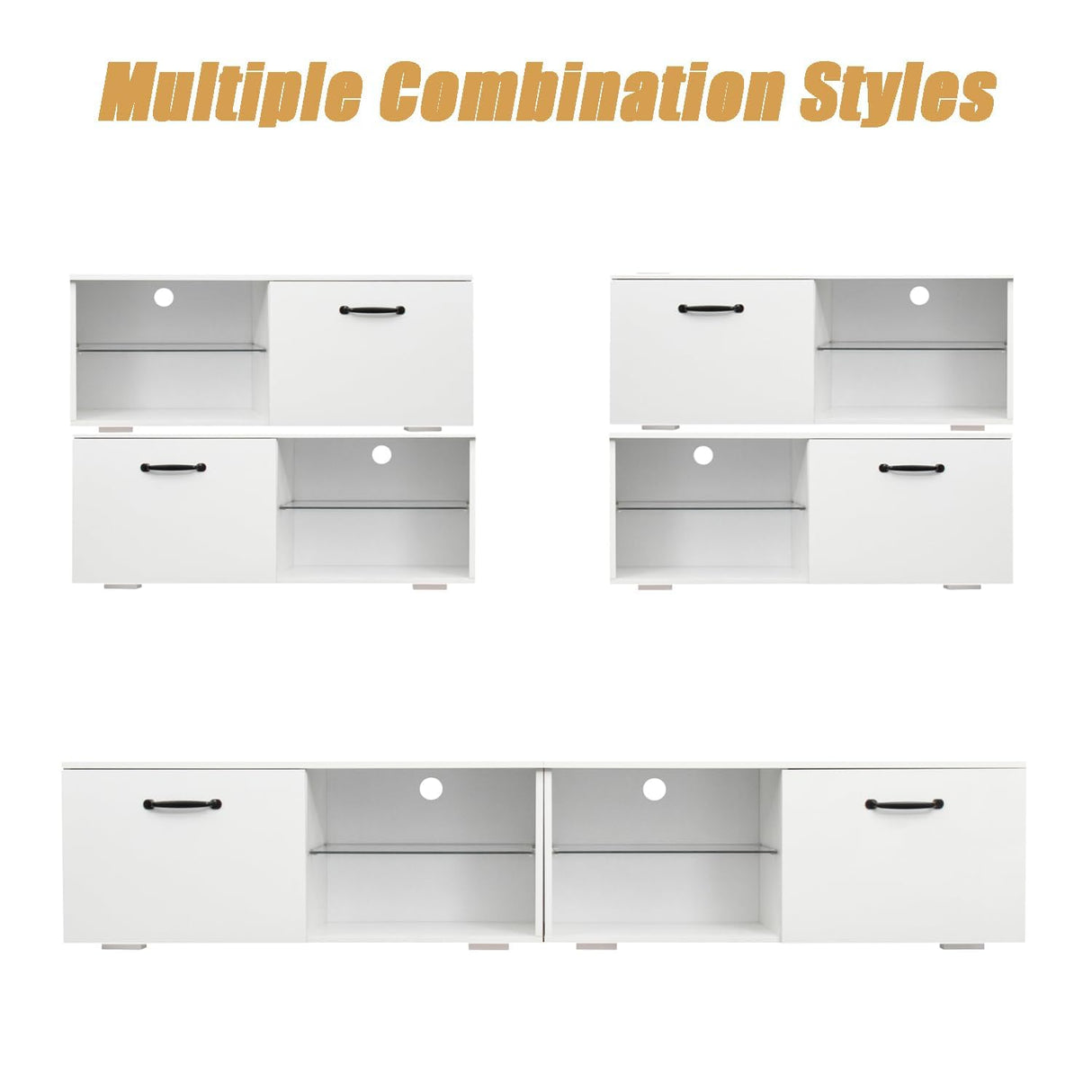 DMAITH LED TV Stand for 70 75 Inch TVs, High Gloss Entertainment Center with Blue LED Lighting, Dual Cabinets & 4 Open Shelves, Soft Close Hinged Doors with Handles for Living Room & Bedroom, White DMAITH