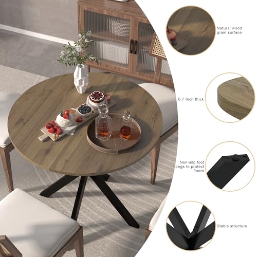 HAIZAO Small Round Dining Table Set for 4, 31.5'' Mid Century MDF Kitchen Table Set & 4 Green Wooden Velvet Dining Chairs, 5-Piece Retro Circle Dining Room Table Set for Home Apartment HAIZAO