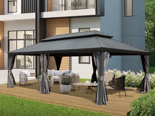Domi 14x22FT Hardtop Gazebo, Permanent Outdoor Gazebo with Galvanized Steel Double Roof and Aluminum Frame, Curtain and Netting, Large Pavilion Gazebo for Patio Deck Garden, Grey domi outdoor living