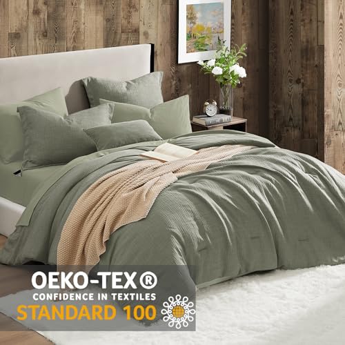Geniospin King Size Comforter Set- 7 Piece Sage Green Textured King Bedding Set, Soft Solid Bed in a Bag for All Season, King Comforter Set with Sheets(Sage Green,102''x90'') Geniospin