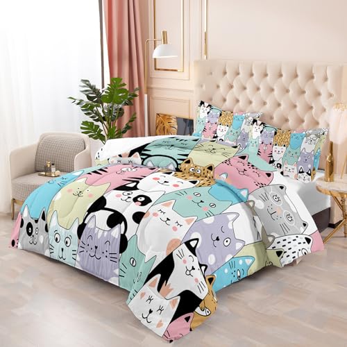 Tuzaovy Twin Cat Comforter Set for Girls - Kawaii Cute Bedding Set with Cat Room Decor Tuzaovy