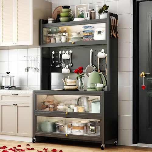 SunSettler 63.98" Tall Metal Kitchen Pantry Storage Cabinet, Large Capacity Hutch Cabinet with Acrylic Doors and Microwave Stand, Bakers Racks with Storage for Kitchens, Pantry (Grey, 80cm) SunSettler
