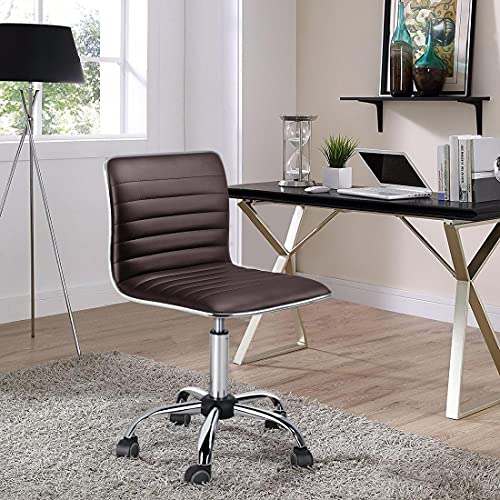 Yaheetech Modern PU Leather Ribbed Armless Working Office Chair Adjustable Low-Back Comfy Desk Task Chair w/Rolling Wheels, Brown Yaheetech