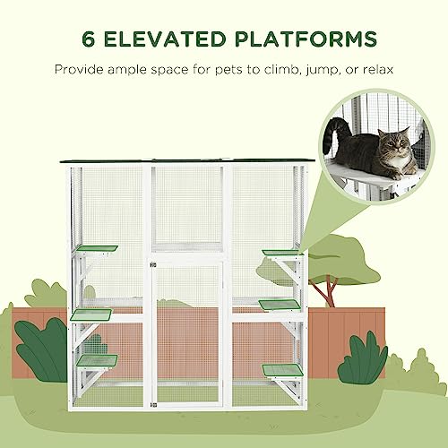 PawHut Outdoor Cat House Big Catio Wooden Feral Cat Shelter Enclosure with Large Spacious Interior, 6 High Ledges, Weather Protection Asphalt Roof, 71" L, White PawHut