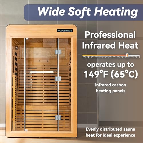 Woodbridge Infrared Home Sauna Room 2 Person Hemlock Wooden Indoor Sauna,7 Carbon 2230W/120V Heaters,with Led Color Therapy Light,Bluetooth Speaker,Tempered Glass,Touch-Tone Keypad and A Top Vent WOODBRIDGE
