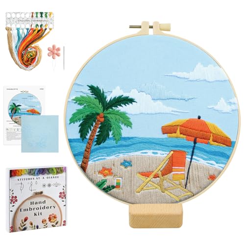 ElasignShopo Ocean Embroidery Kit for Beginners Adults, Easy Cross Stitch Kit Spring Summer Beach Ocean Pattern Embroidery Starter Kits with Wooden Hoop Needles Threads Display Stand and Instruction