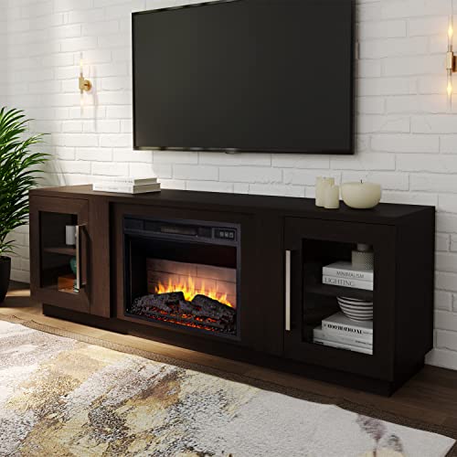 Cheerway 3D Fireplace TV Stand for TVs up to 80’’, Wooden Media Entertainment Center Table & TV Cabinets w/Storage Shelves & Barn Door, Electric Fireplace w/Remote Control Cheerway