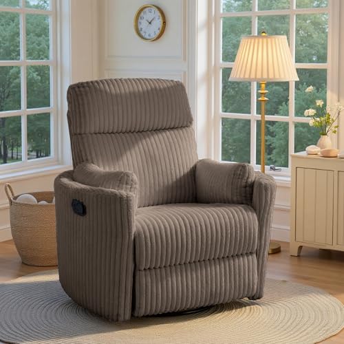 Chizzyseat Nursery Rocking Chairs Comfy High Back 360 Swivel Rocker Recliner with 2 Pillows Glider Recliner Nursery Chair for Adults Small Spaces Nursing Bedroom Living Room Brown