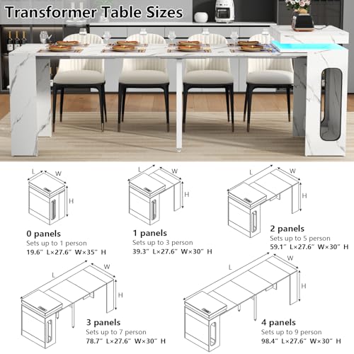 Extendable Dining Table with Charging Station & LED Lights, 19.7" to 98.4" White Faux Marble Dining Table, Rectangle Console Table for 2-8, Modern Space Saving Kitchen Island Table (No Chairs) Gyfimoie