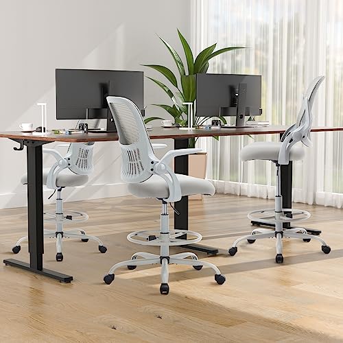 Smug Drafting Chair with Flip-up Arms, Height Adjustable Standing Tall Office Desk Chair with Foot Ring, Ergonomic Swivel Computer Chairs with Rolling Wheels, Grey SMUGDESK