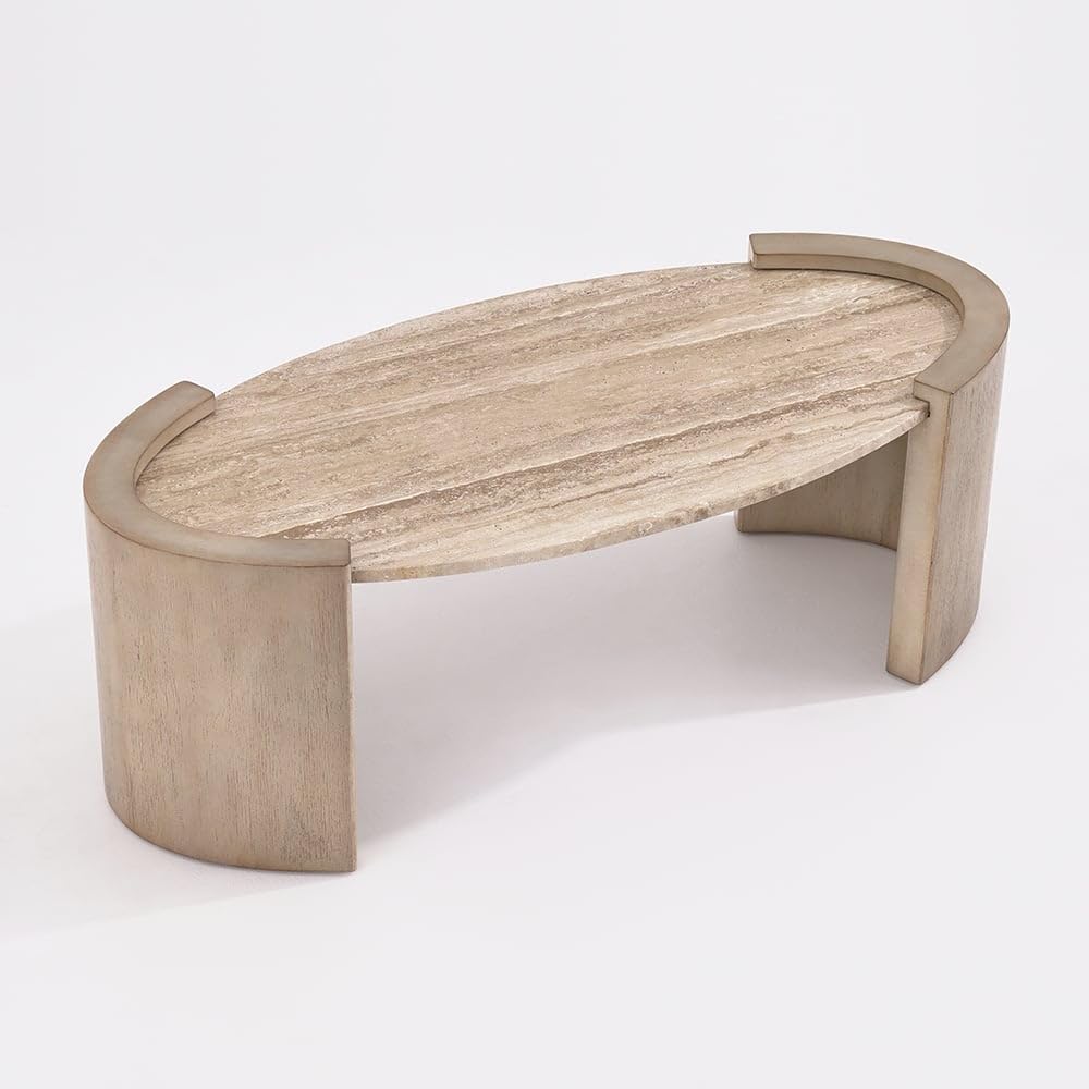 homary 43" Japandi Oval Travertine Stone Top Coffee Table – Double Pedestal Oval Coffee Table with Natural Beige Stone Surface and Engineered Wood Base for Living Room and Lounge homary
