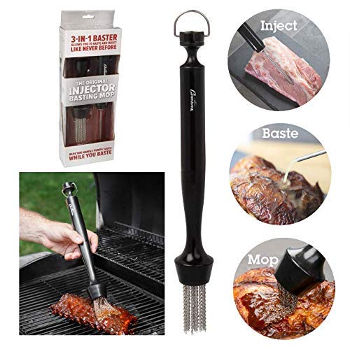 Camerons 3-in-1 Barbecue Injector Basting Mop - Baster Set Includes BBQ Chain Basting Brush & Meat Syringe to Baste, Marinate & Inject Food w Flavor - Indoor Outdoor Use - Grilling Cookout Essential Camerons