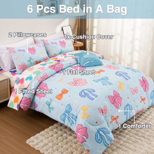 A Nice Night Full Size Bed in A Bag Bow Comforter Set for Kids,Quilt Bedding Set with Bowknot & Chic Polka Dot Pattern,Blue Background Room Decor for Girls A Nice Night