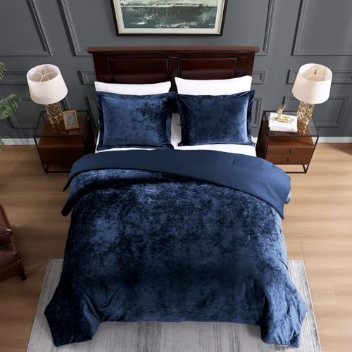 TAMGHO Navy Blue Velvet Comforter King Set 3pc, Blue Velvet Bedding King Size for All Seasons, 1 Comforter (108"x96") and 2 Pillow Shams (20"x36") TAMGHO