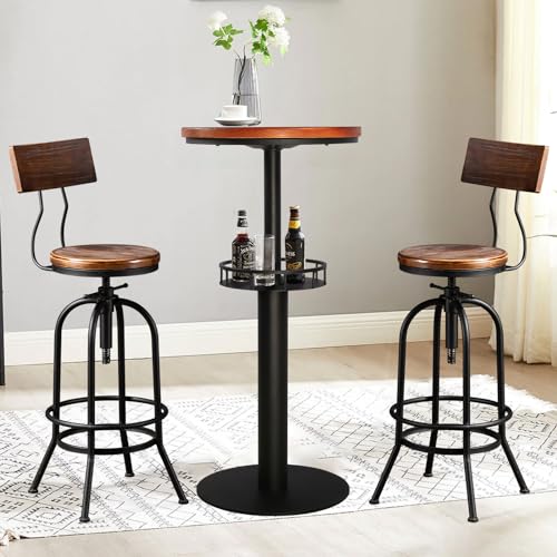 LOKKHAN Industrial Bar Stool-26-32 Inch Adjustable Swivel Round Wood Metal Kitchen Stool Rustic Farmhouse Counter Height Extra Tall Bar Height Stool-Arc-Shaped Backrest,Welded,Set of 2 LOKKHAN