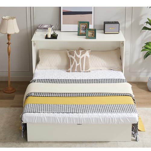 ZEIINPA Queen Size Murphy Bed Cabinet with Charging Station & Storage Drawer, Wall-Mounted Tri-Fold Mattress Space Saver for Bedroom, Living Room, Office (White) ZEIINPA