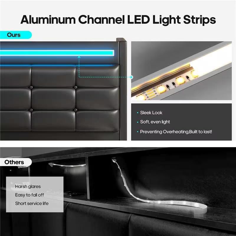 ADORNEVE Queen Bed Frame with Storage Headboard & 4 Drawers, LED Bed Frame Queen with Charging Station, Leather Upholstered Platform Bed Frame with Button Tufted, No Box Spring Needed, Black PU ADORNEVE